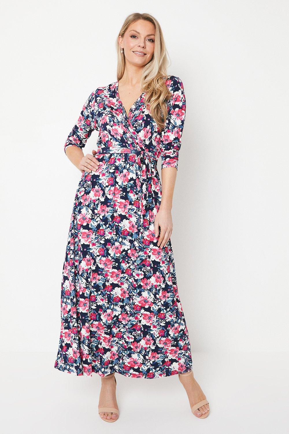 Womens Floral Print Jersey Wrap Midi Dress