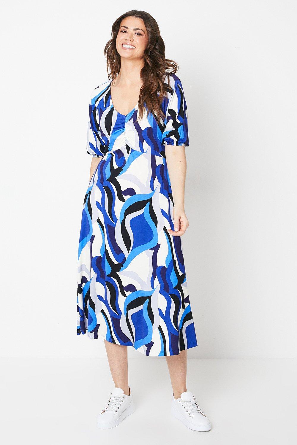 Womens Geo Print Jersey Balloon Sleeve Ruched Front Midi Dress