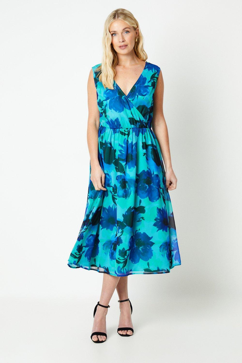 Womens Petite Printed Pleat Wrap Detail Sleeveless Midi Dress