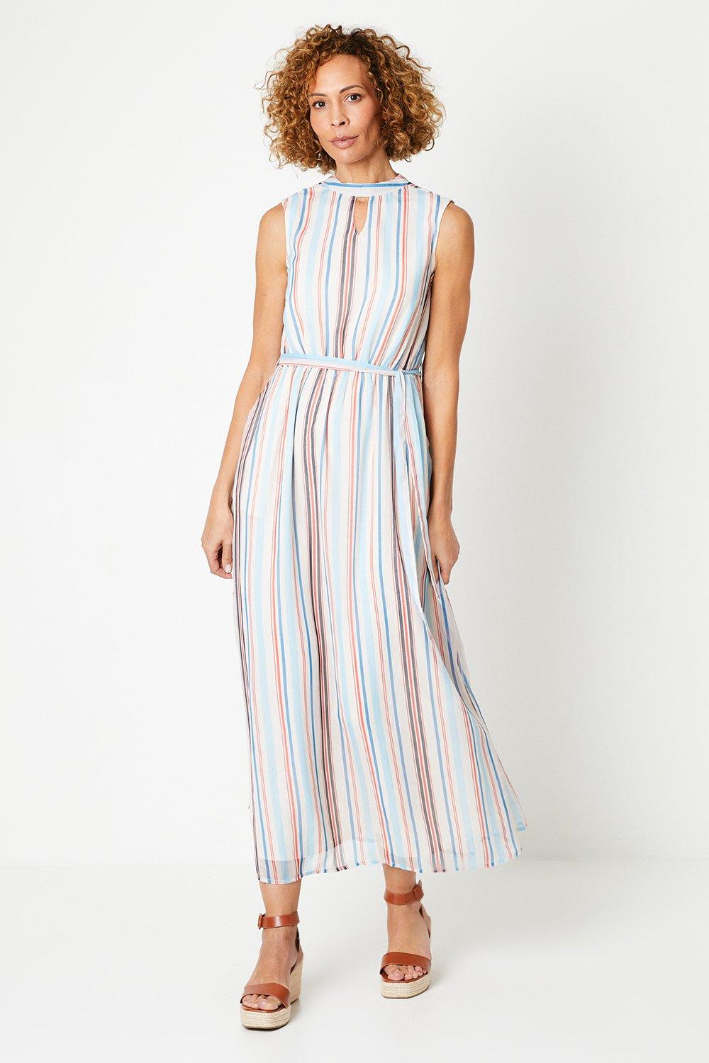 Womens Stripe Print Chiffon Keyhole Belted Maxi Dress