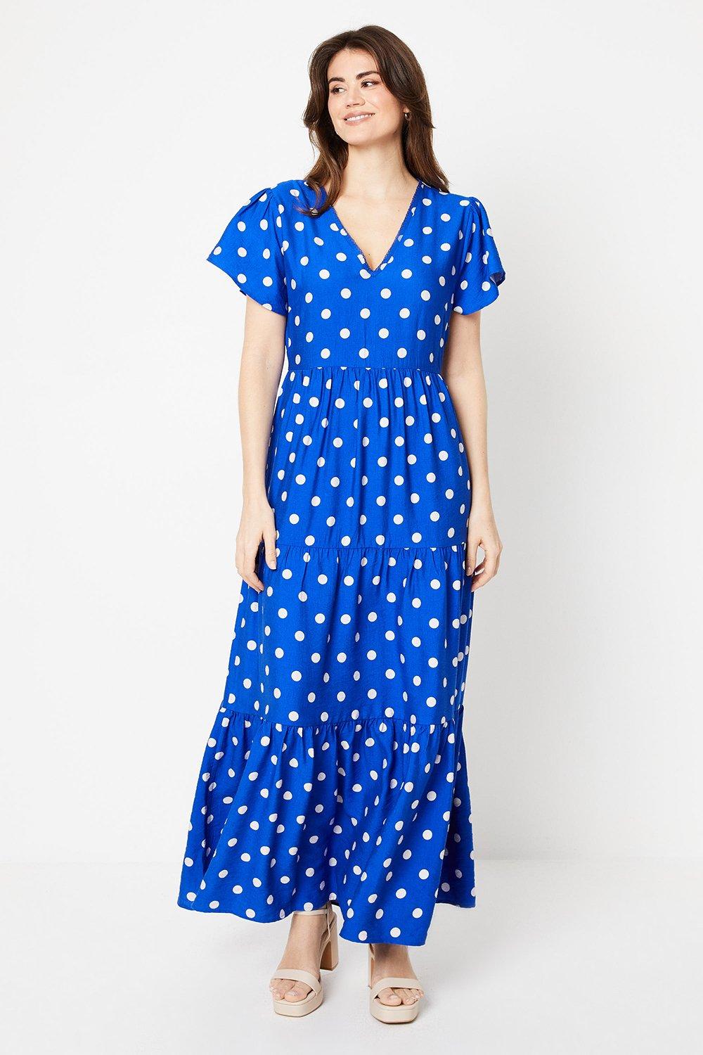 Womens Spot Print Viscose Blend Trim Detail Maxi Dress