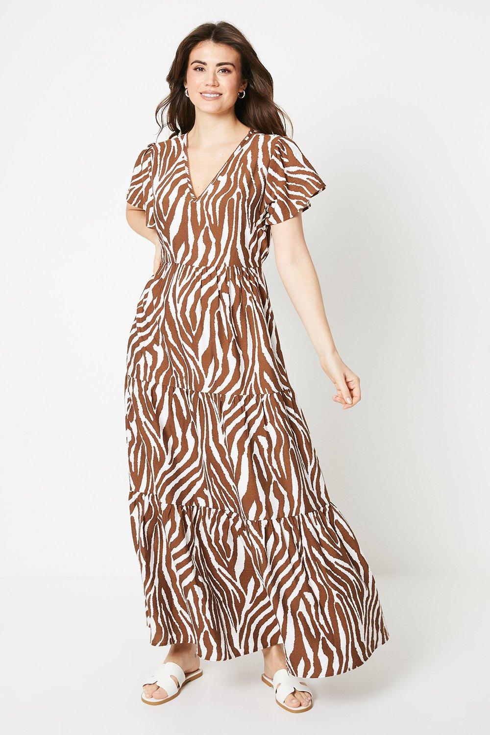 Womens Zebra Print Viscose Blend Trim Detail Maxi Dress