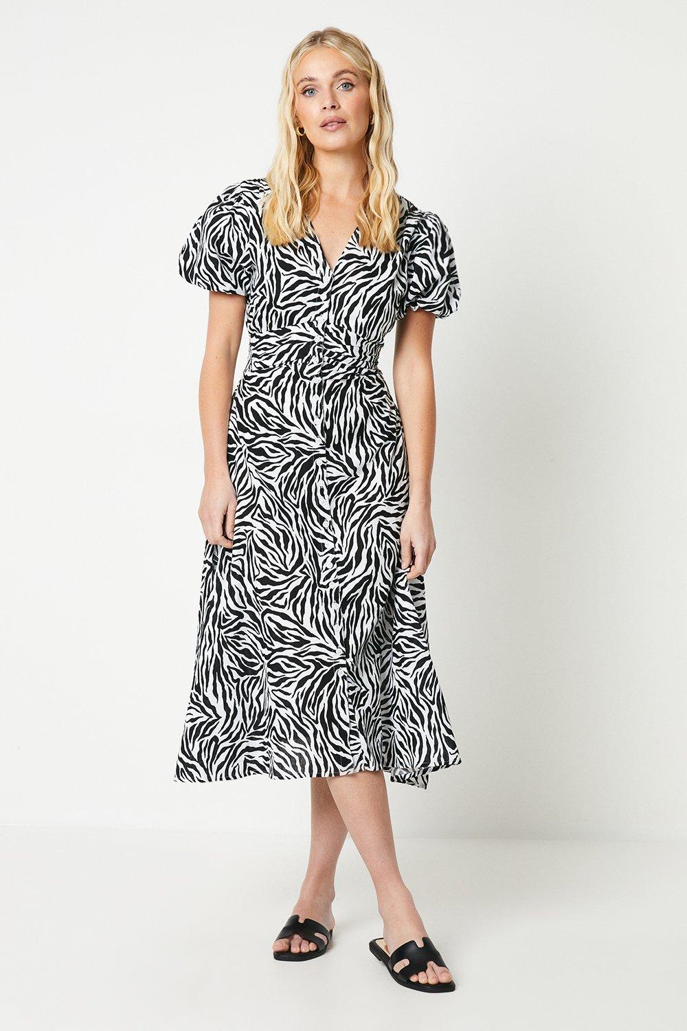 Womens Petite Zebra Print Look Button Midi Tea Dress