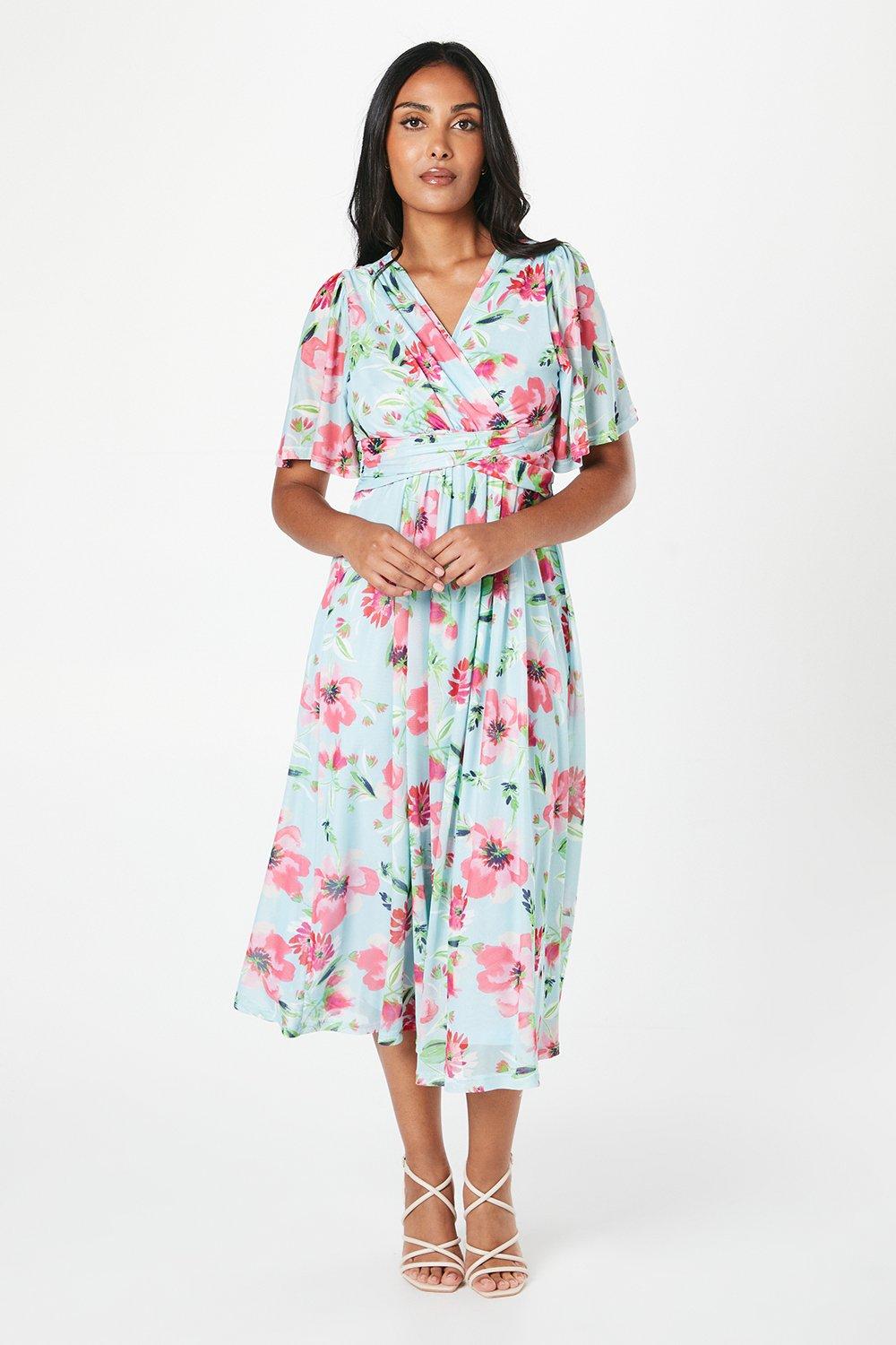 Womens Petite Floral Mesh Twist Midi Dress