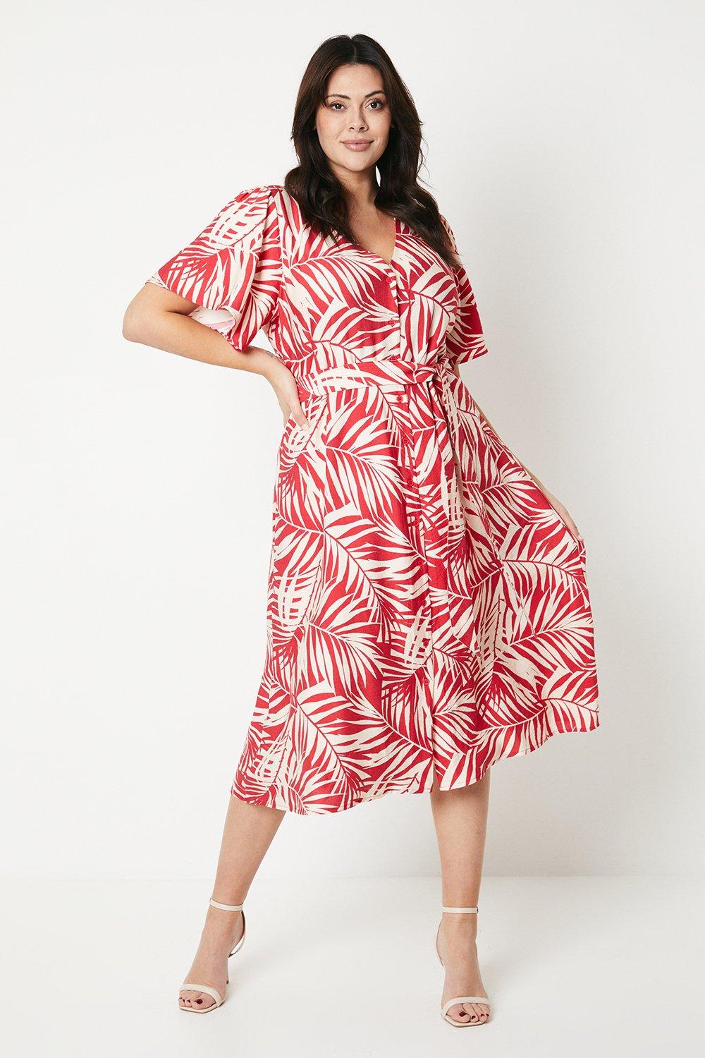 Womens Curve Red Leaf Blend Belted Button Midi Tea Dress