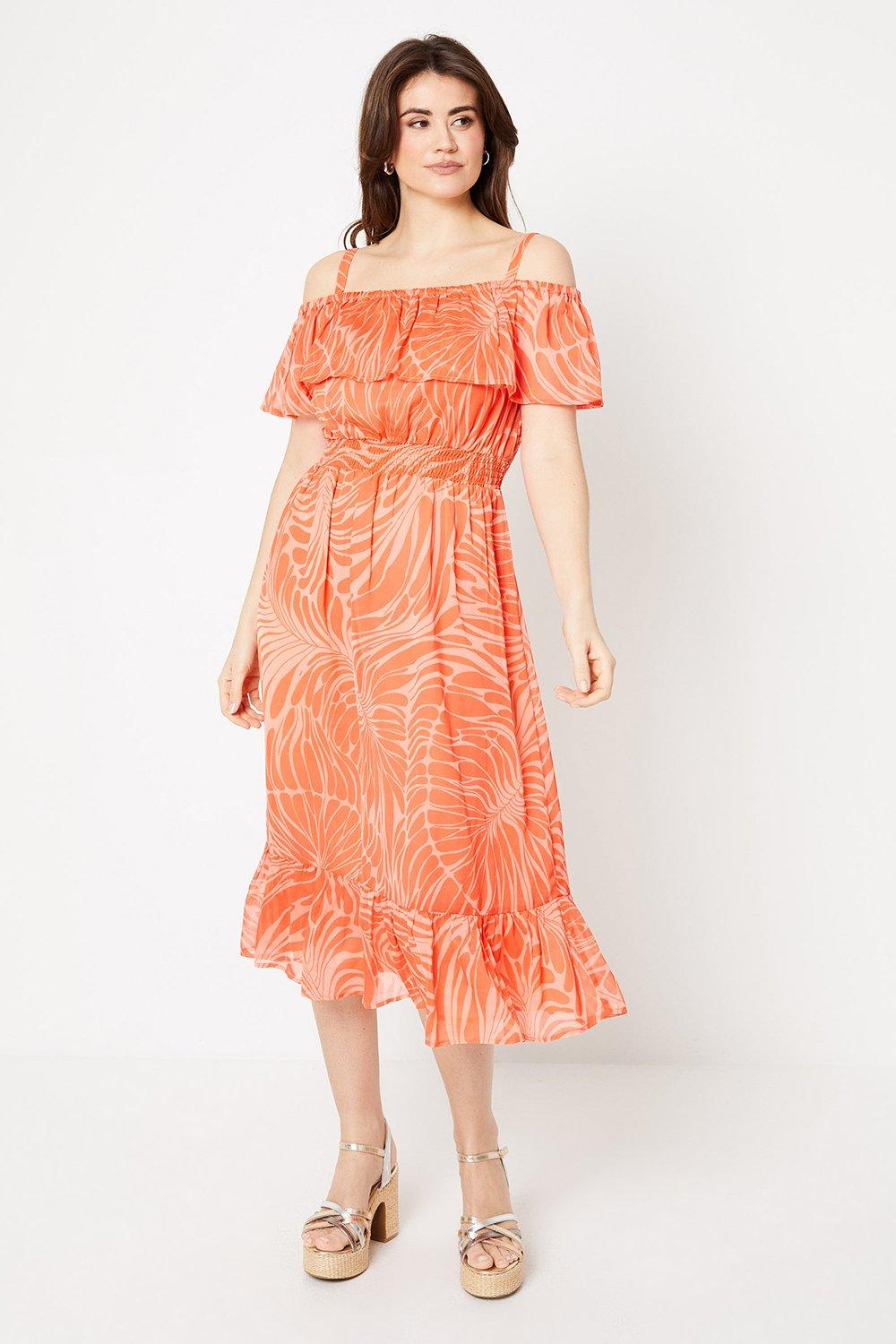 Womens Petite Orange Palm Print Chiffon Bardot High Low Hem Midi Dress