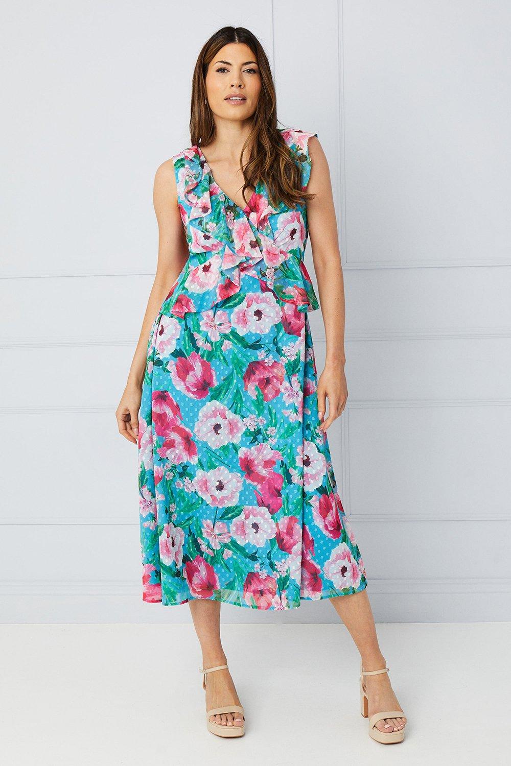 Womens Floral Dobby Ruffle Midi Dress