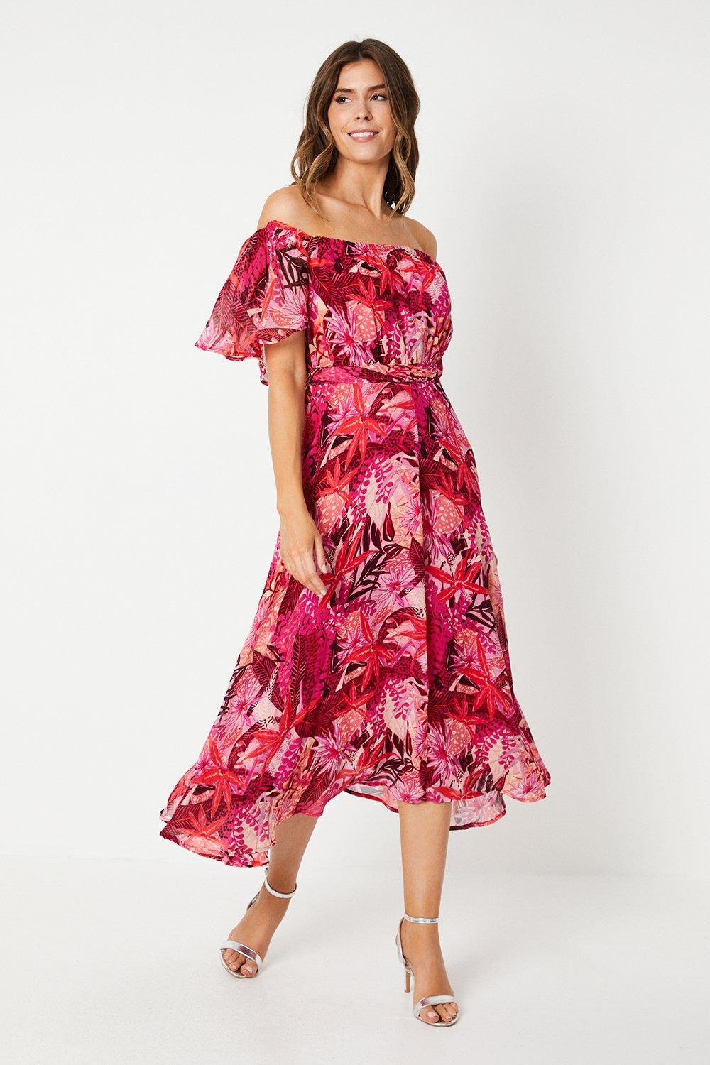 Womens Floral Print Bardot Ruffle Midaxi Dress