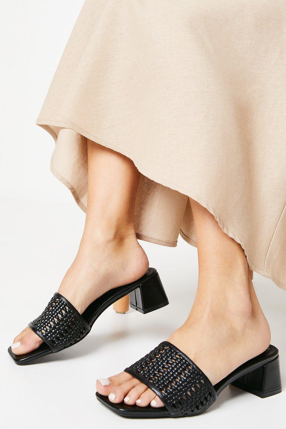 Womens Falicia Woven Medium Block Heel Mule Sandals