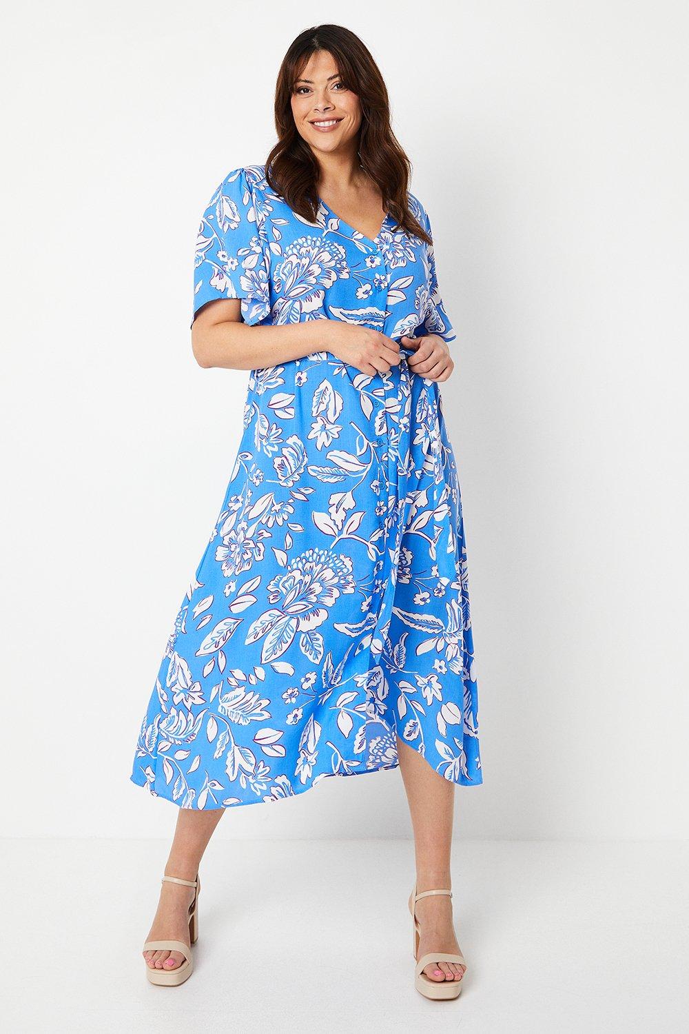 Womens Curve Blue Floral Print Button Through Midi Dress