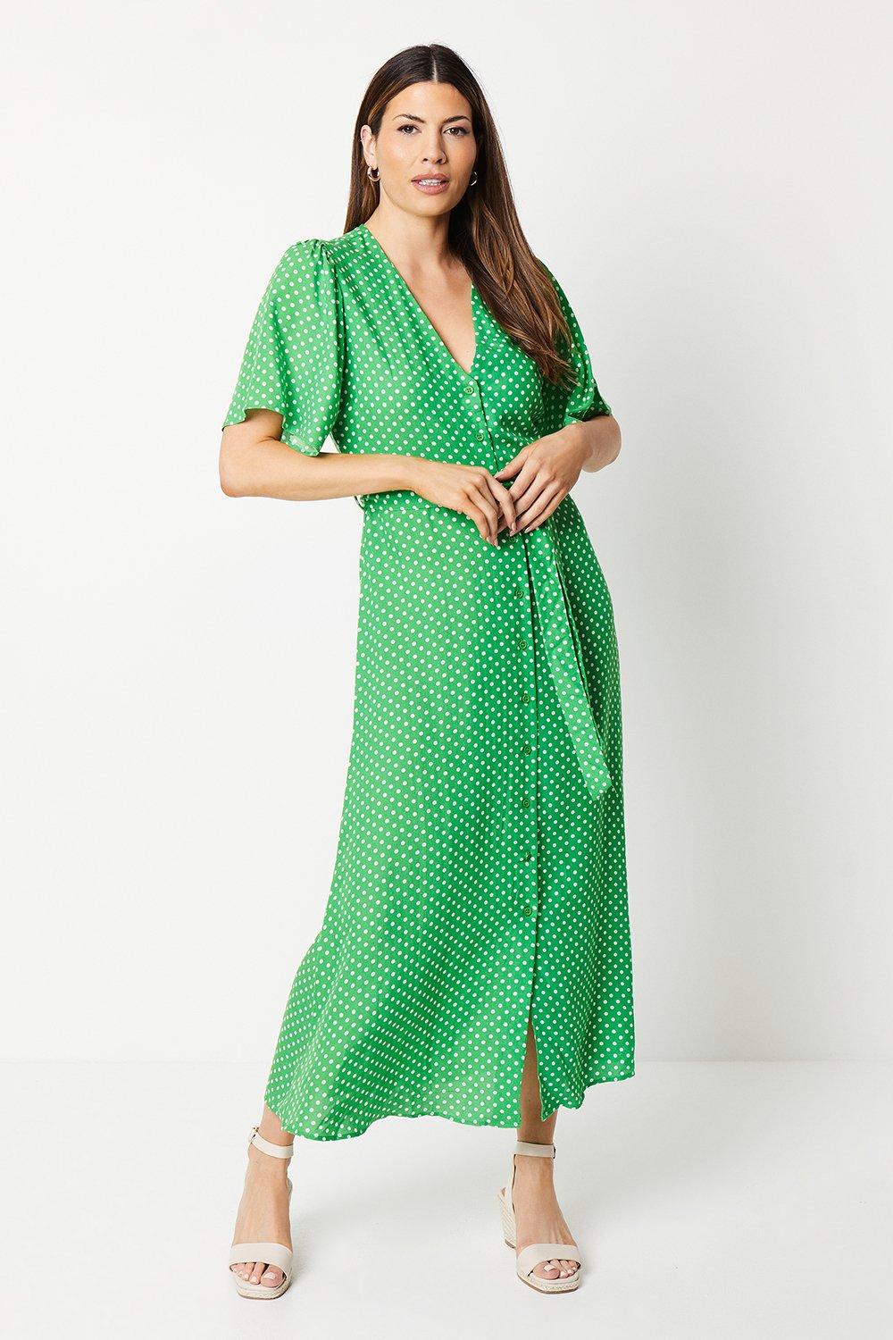 Womens Tall Green Spot Button Through Midi Dress