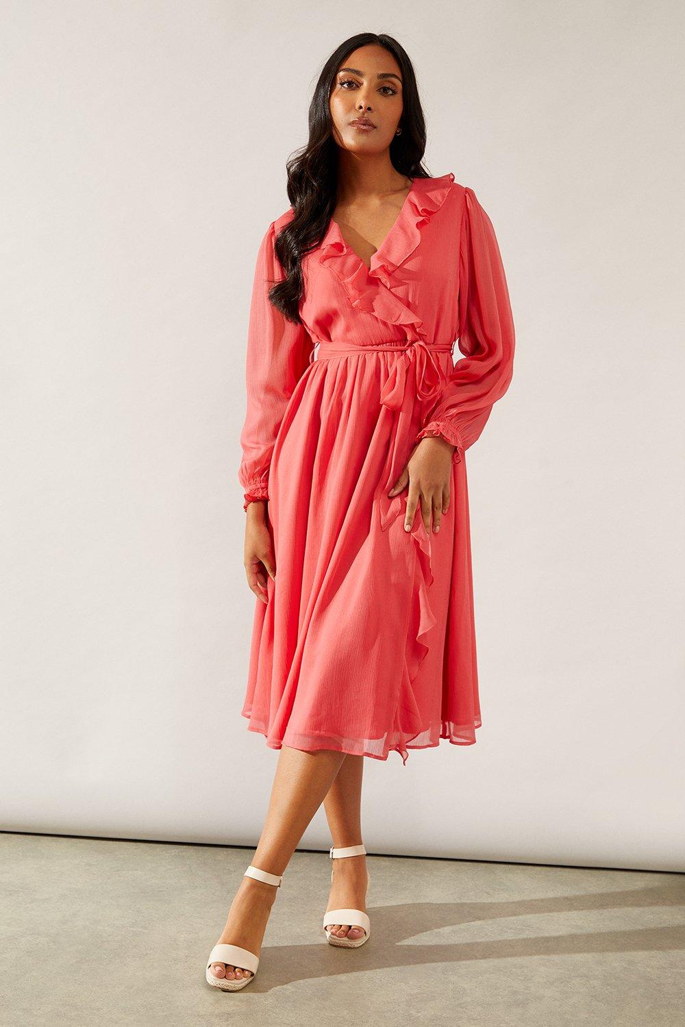 Womens Petite Ruffle Wrap Midi Dress