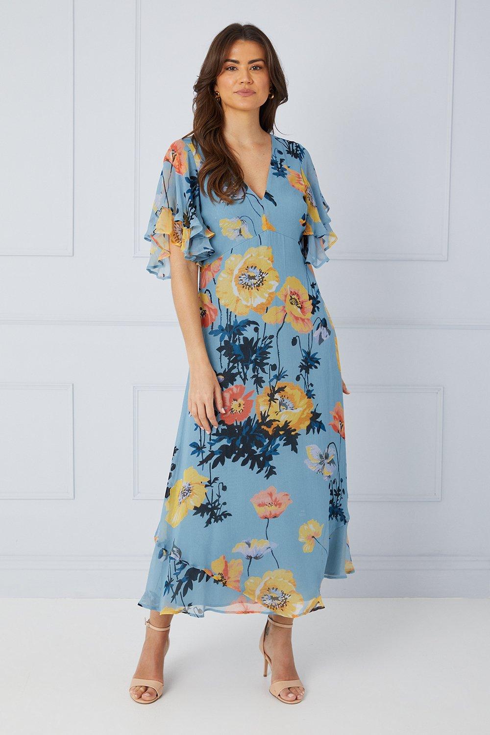 Womens Floral Ruffle Sleeve Bias Midaxi Dress