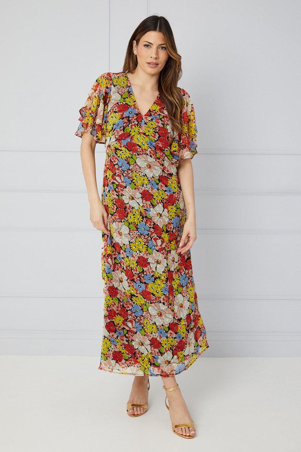 Womens Floral Ruffle Sleeve Bias Midaxi Dress