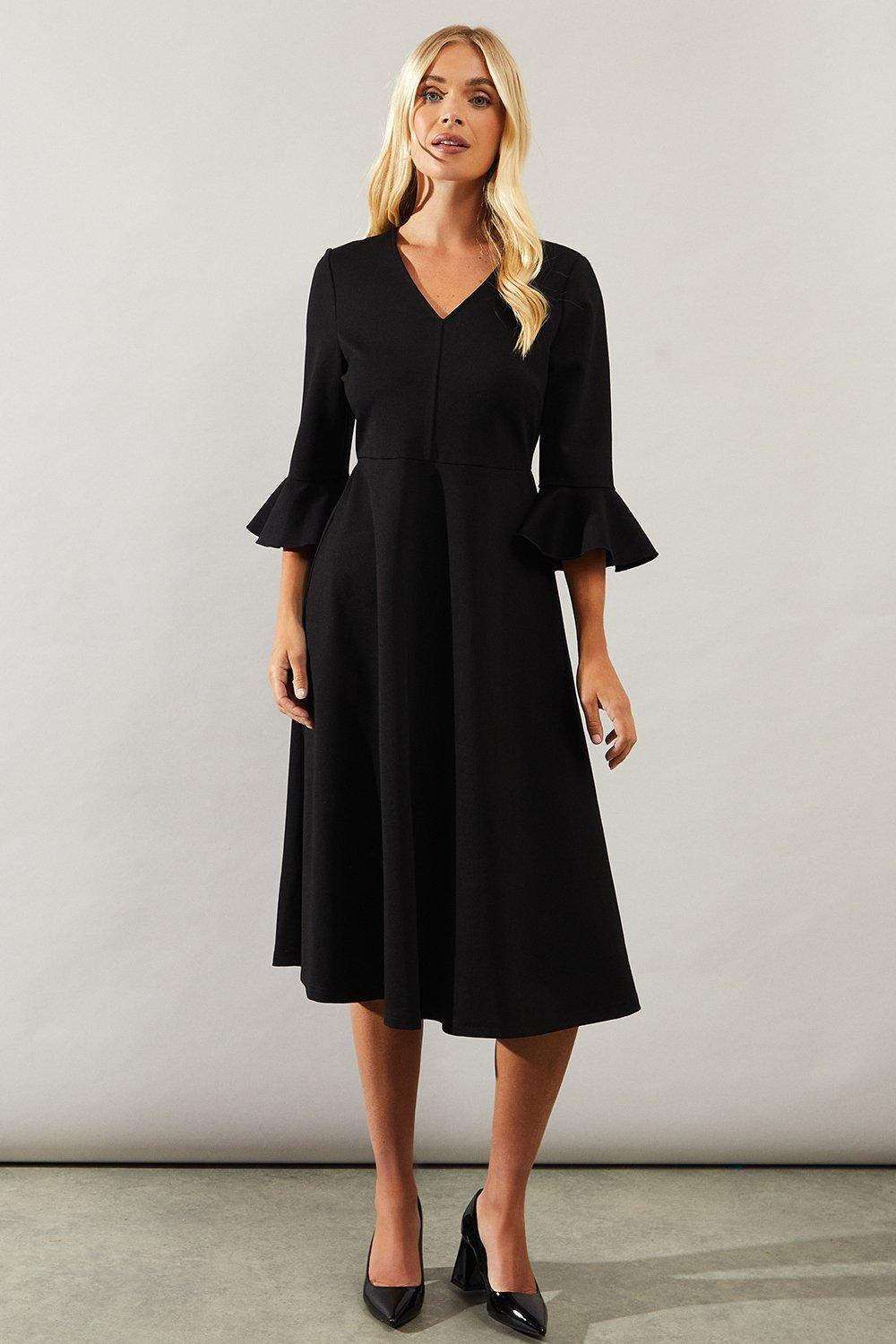 Womens Petite Flute Sleeve Ponte Midi Dress