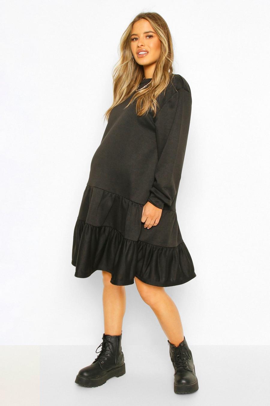 Black Maternity Tiered Sweat Smock Dress image number 1