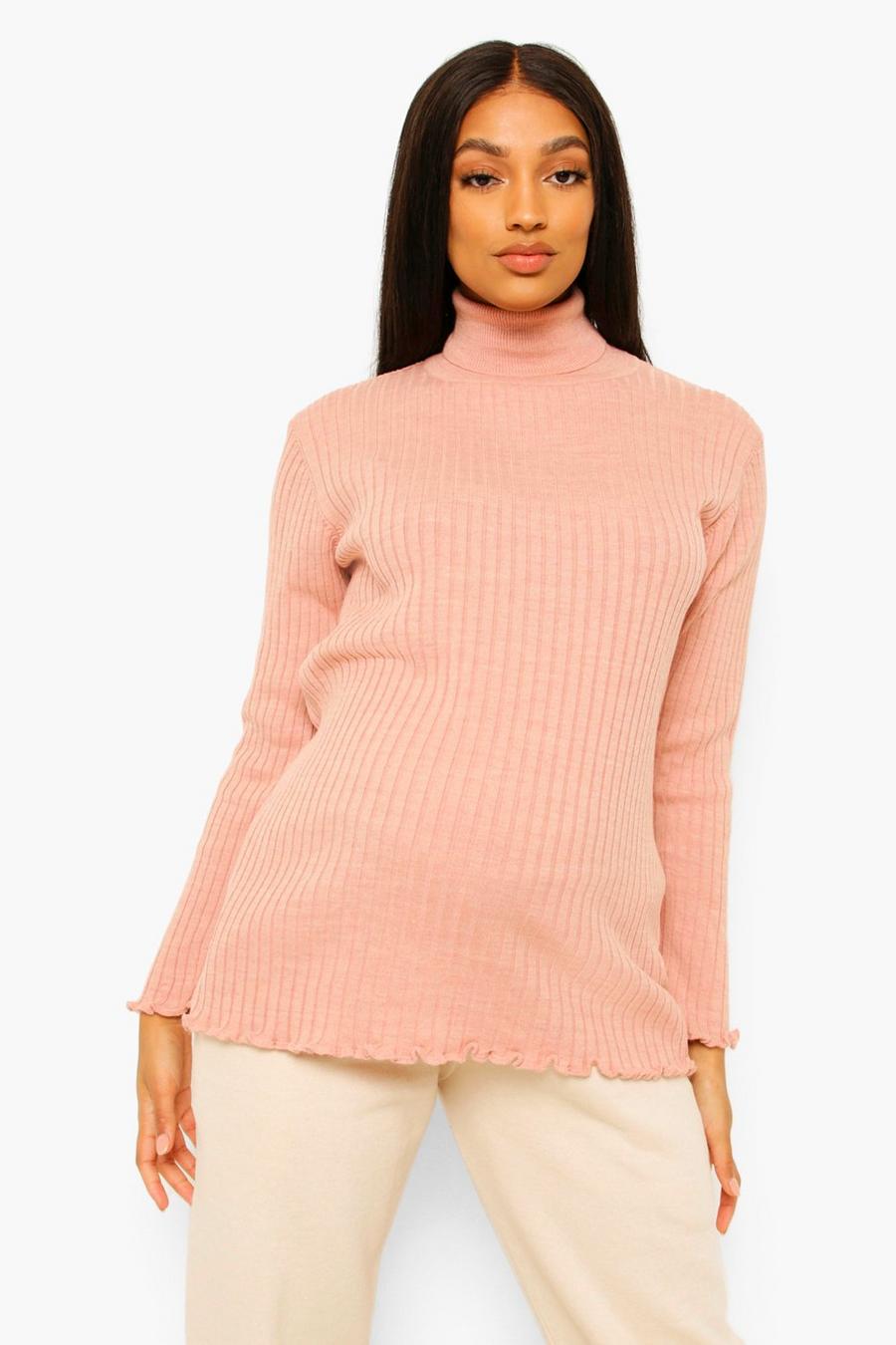 Dusky pink Mammakläder - Stickad polotröja med rullfåll image number 1