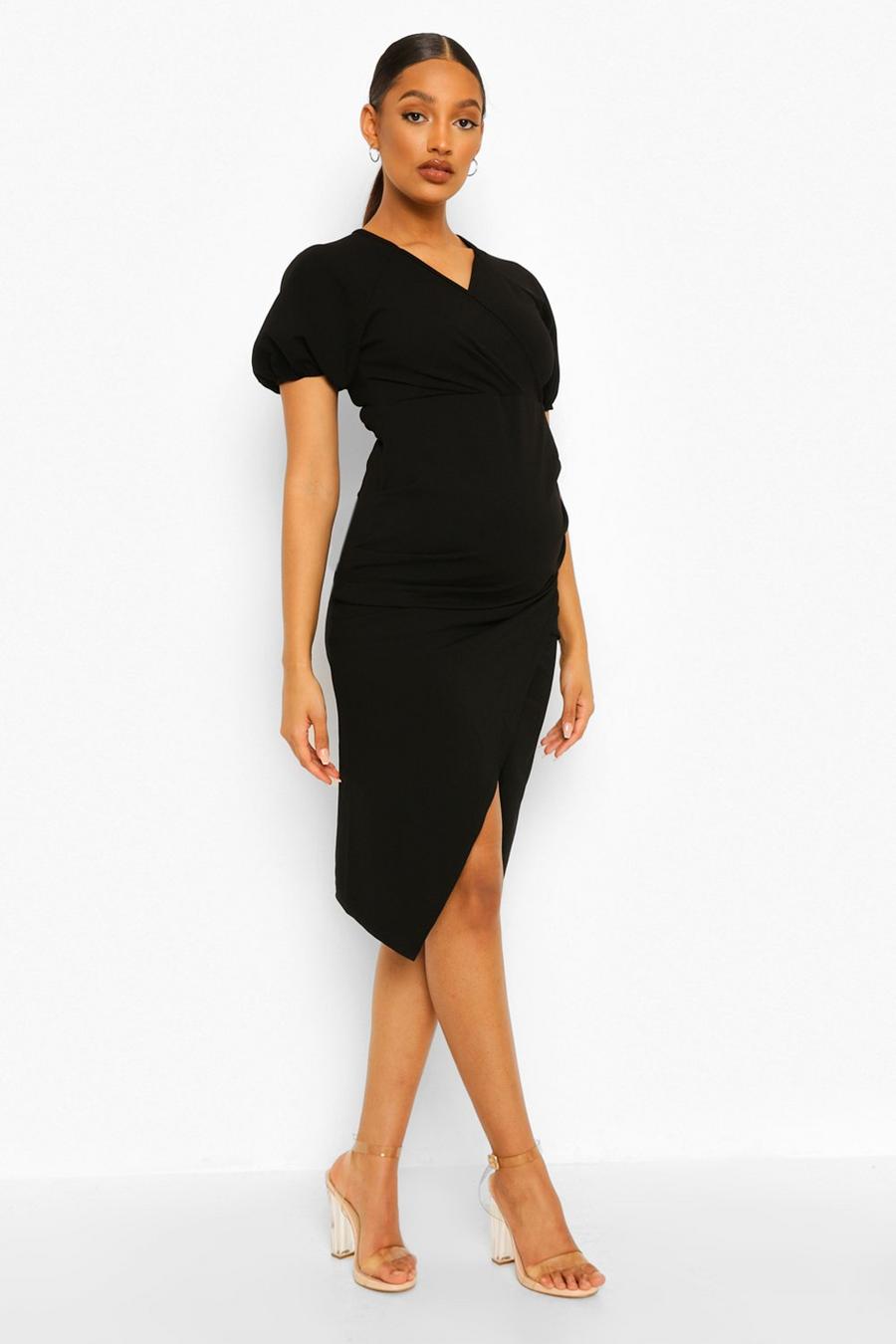 Black Maternity Puff Sleeve Wrap Ruched Midi Dress image number 1