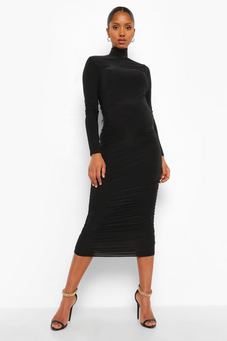 שחור שמלת מידי צמודה עם כיווצים בצד וצווארון גבוה בגדי היריון image number 1