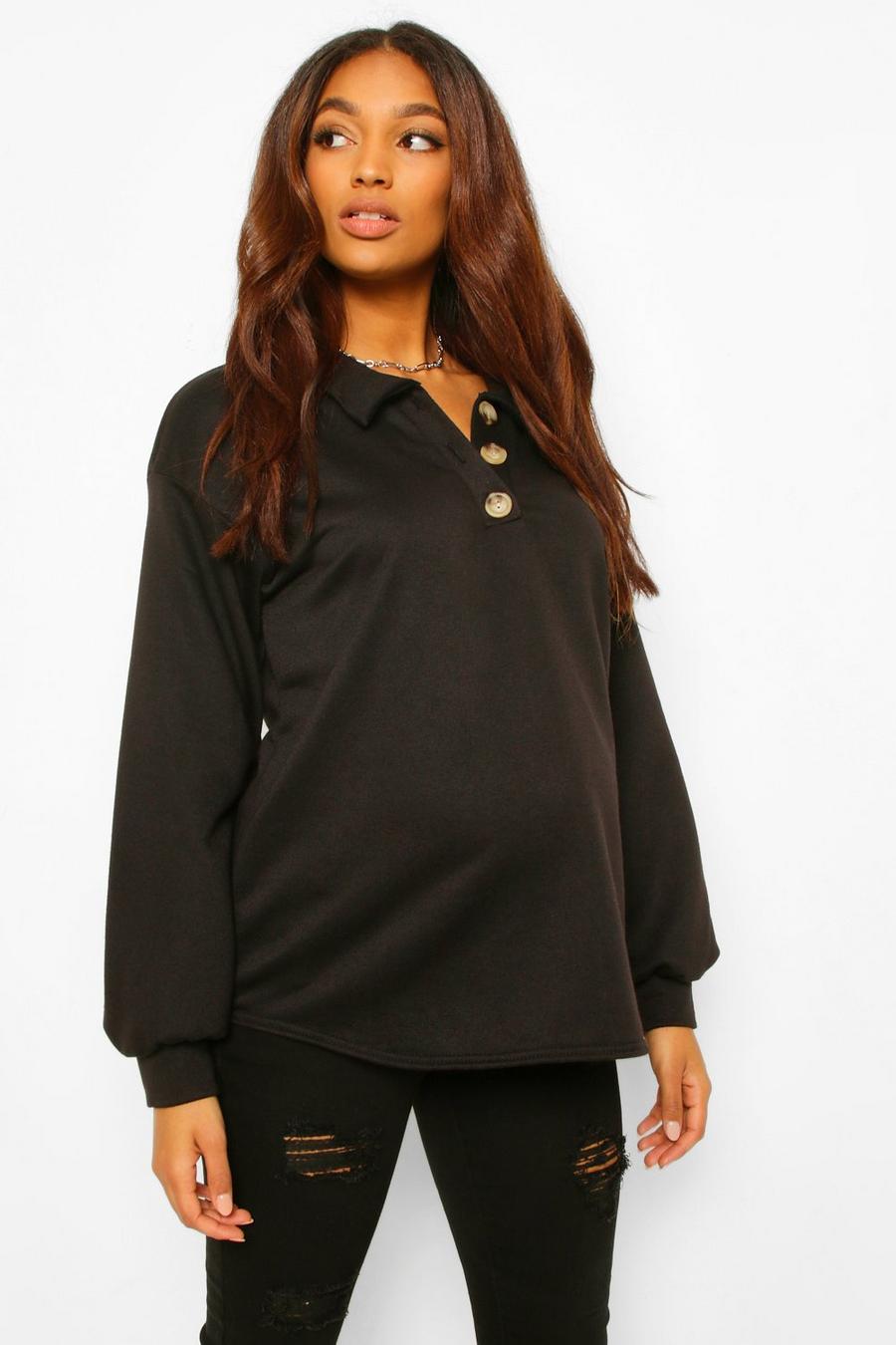Black Maternity Button Front Collar Sweatshirt image number 1