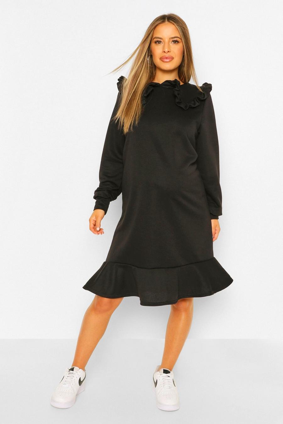Black Maternity Collar Ruffle Hem Sweatshirt Dress image number 1