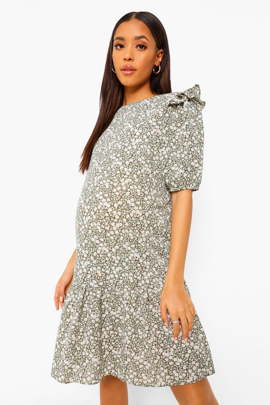 Khaki Mammakläder - Småblommig klänning med volangkant image number 1