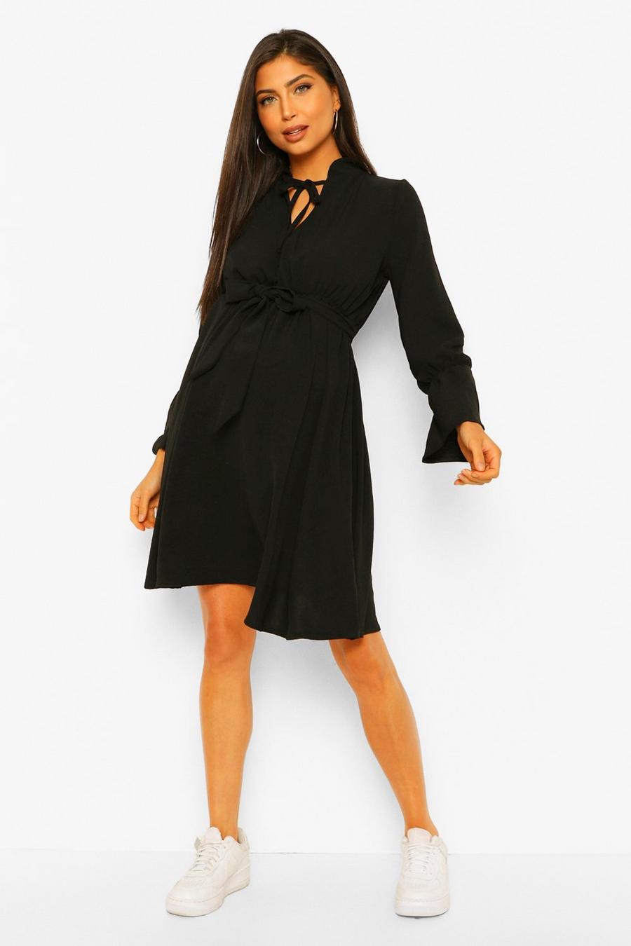 שחור שמלת סקייטר ארוגה עם שרוולים נפוחים להיריון image number 1