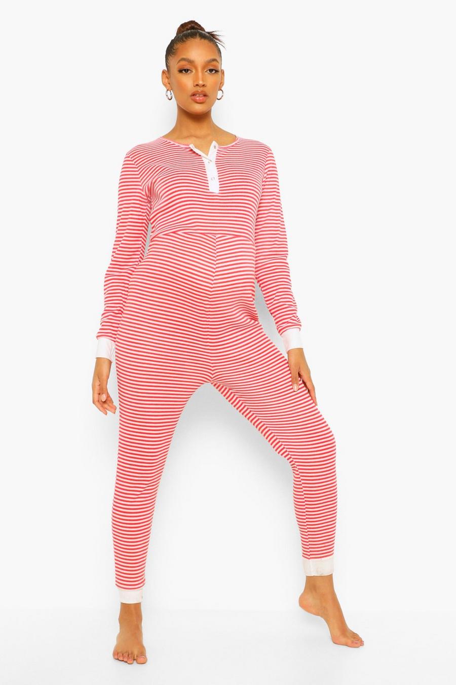 Red Maternity Christmas Stripe Lounge Jumpsuit image number 1