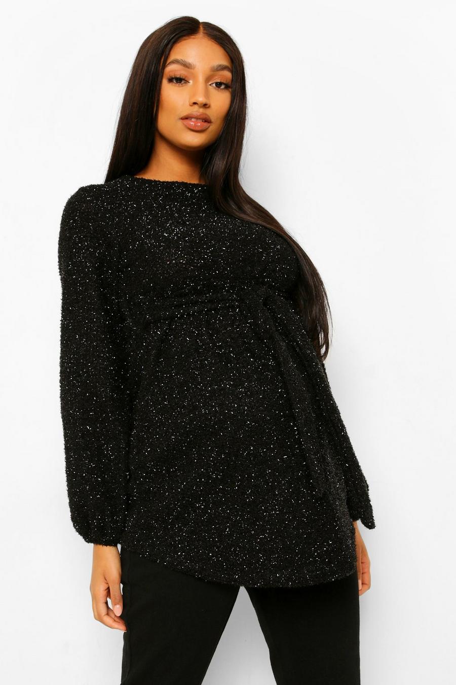 Black Maternity Sparkle Fluffy Knitted Sweater image number 1