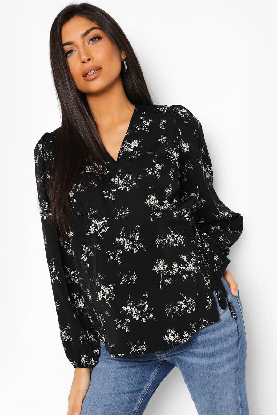 Black Maternity Floral Wrap Puff Sleeve Blouse image number 1