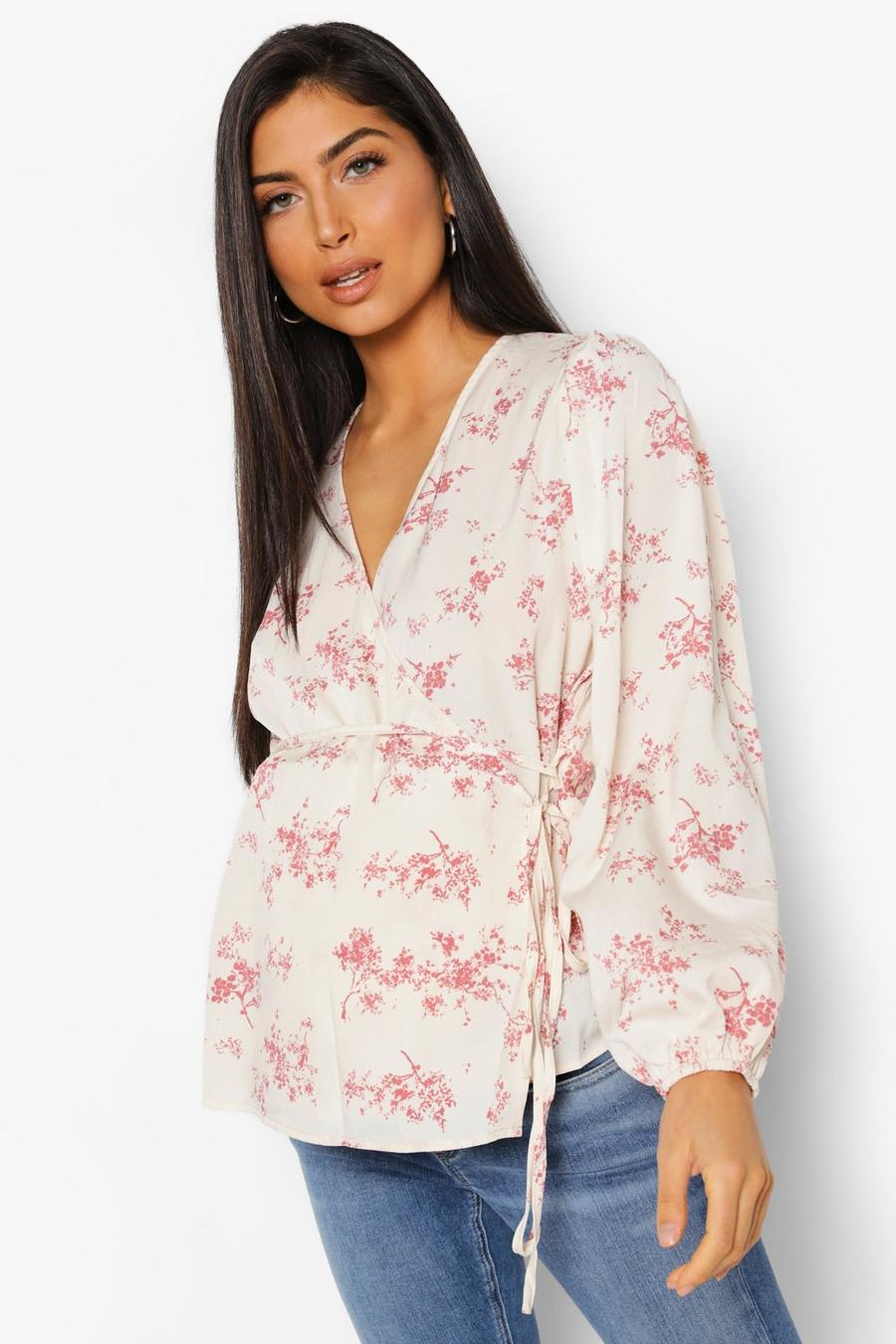 White Maternity Floral Wrap Puff Sleeve Blouse image number 1