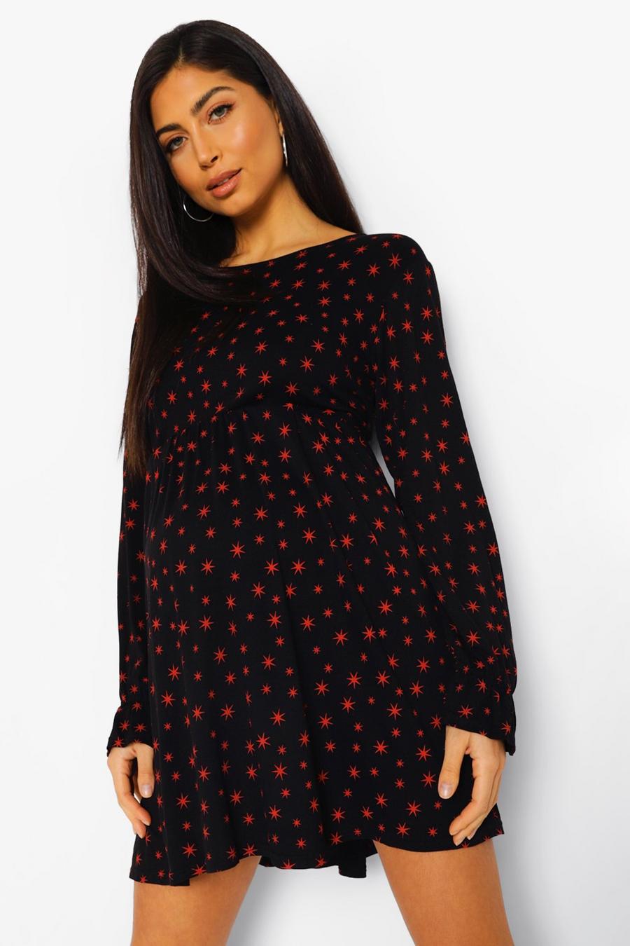 Red Maternity Star Puff Sleeve Smock Dress image number 1