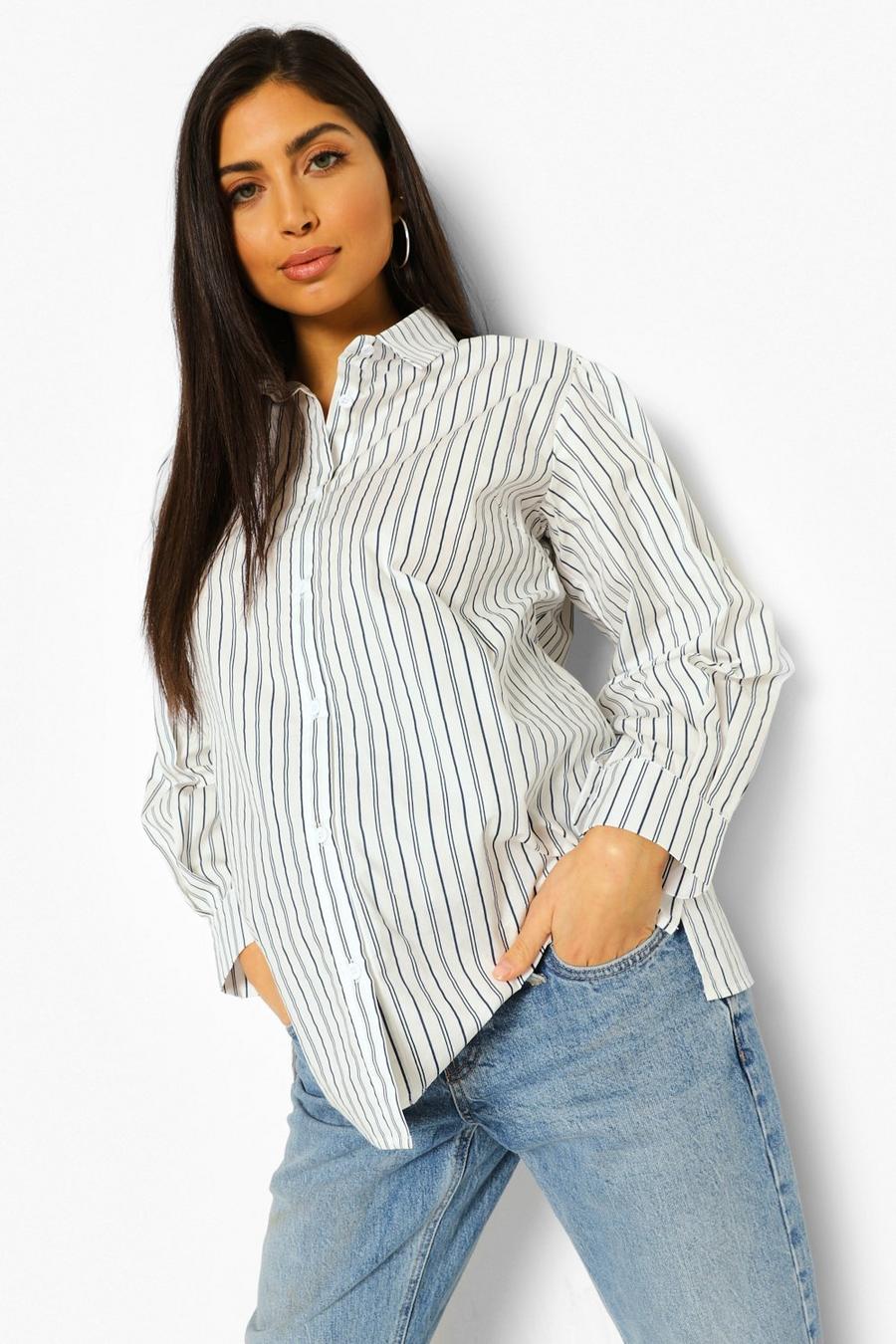 Camisa de algodón a rayas con manga abullonada Premamá, Blanco image number 1