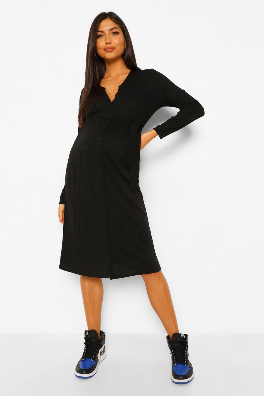 Black svart Maternity Rib Long Sleeve Button Down Dress image number 1
