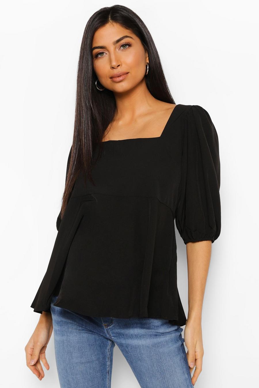 Black Maternity Tie Back Puff Sleeve Blouse image number 1