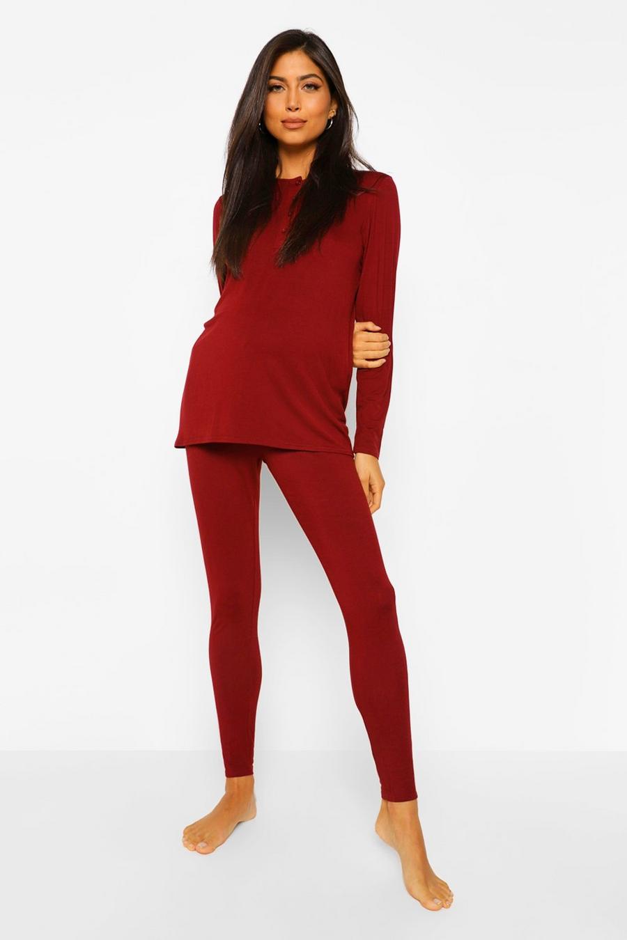 Berry red Maternity Button Front Long Sleeve Pajama Set