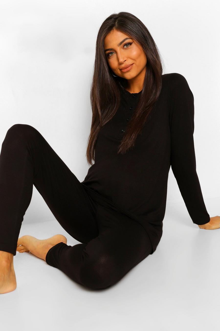 Black Maternity Button Front Long Sleeve Pyjama Set image number 1