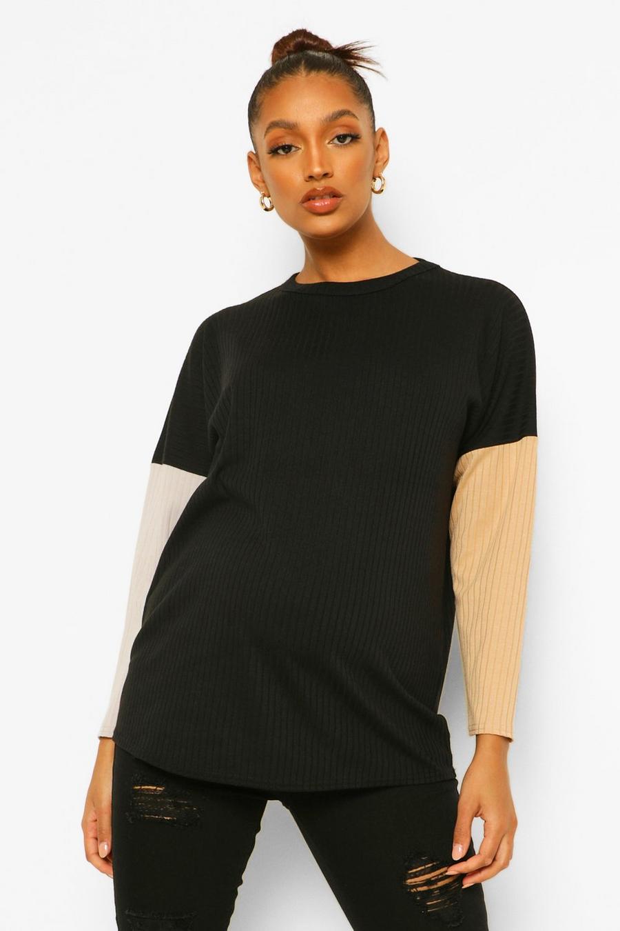 Black Maternity Colourblock Rib Long Sleeve T-shirt image number 1