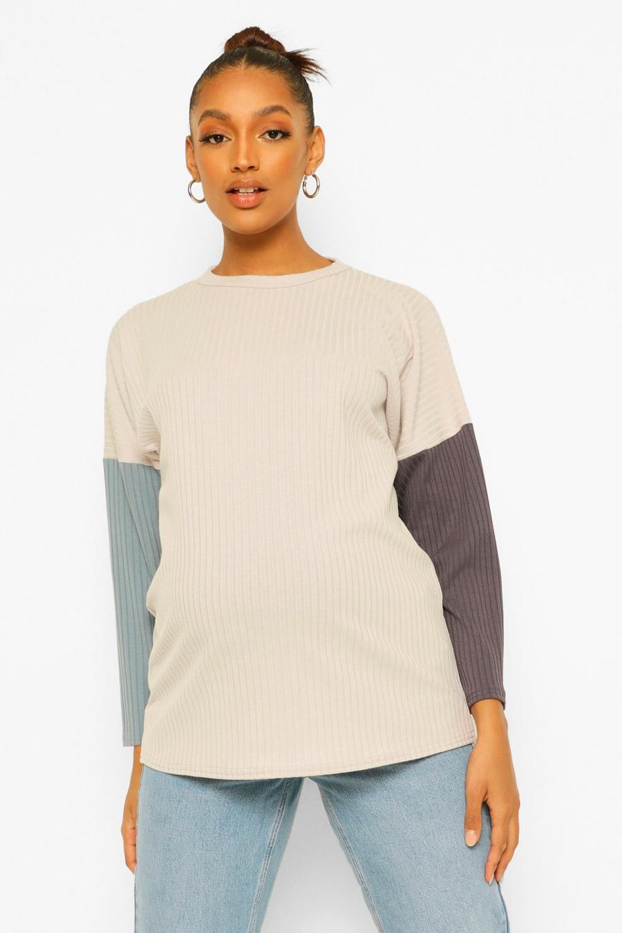 Grey Zwangerschaps Colourblock Geribbeld Shirt Met Lange Mouwen image number 1