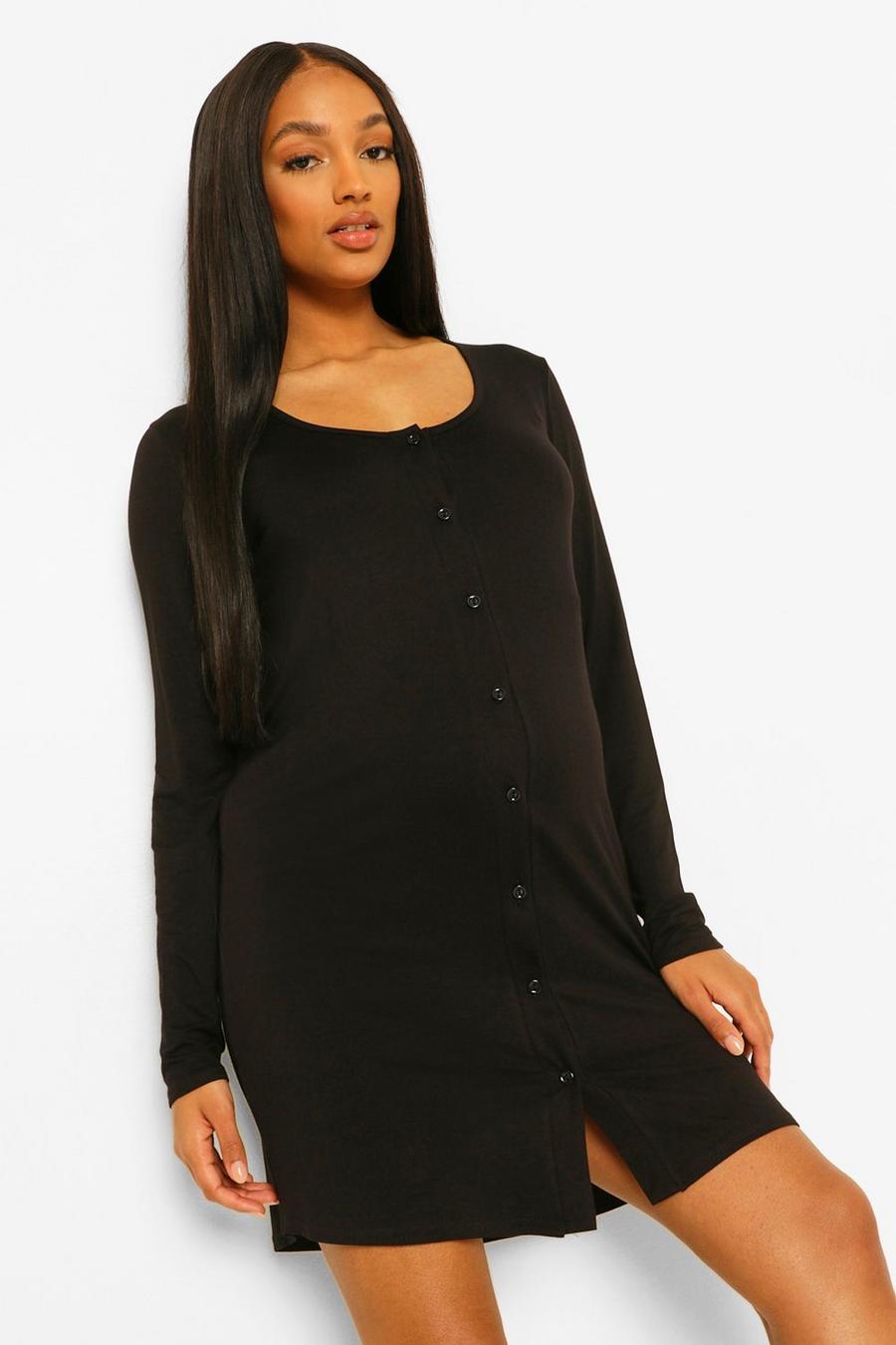 Black Maternity Long Sleeve Button Front Nightgown image number 1