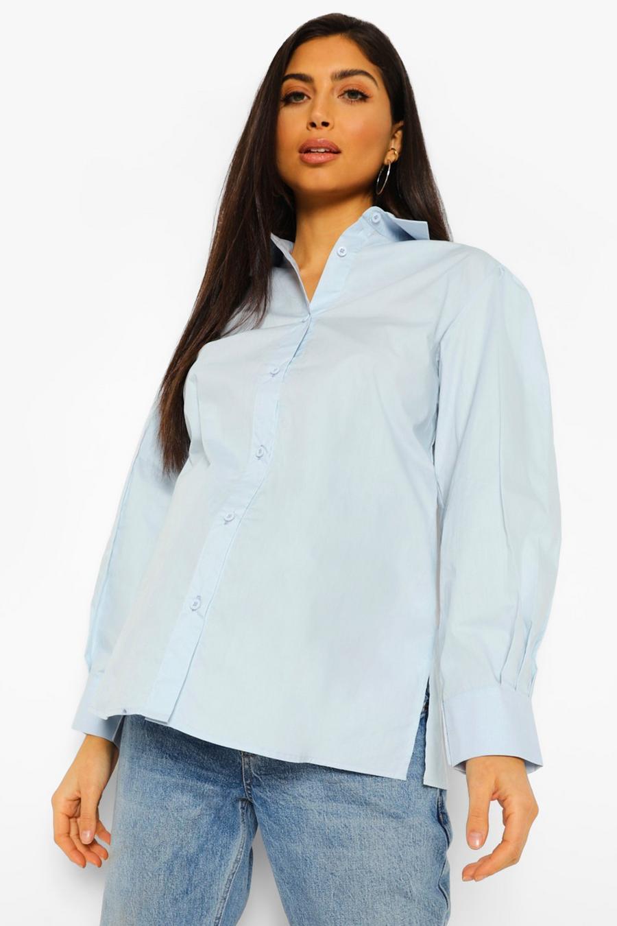 Blue Maternity Cotton Puff Sleeve Shirt image number 1
