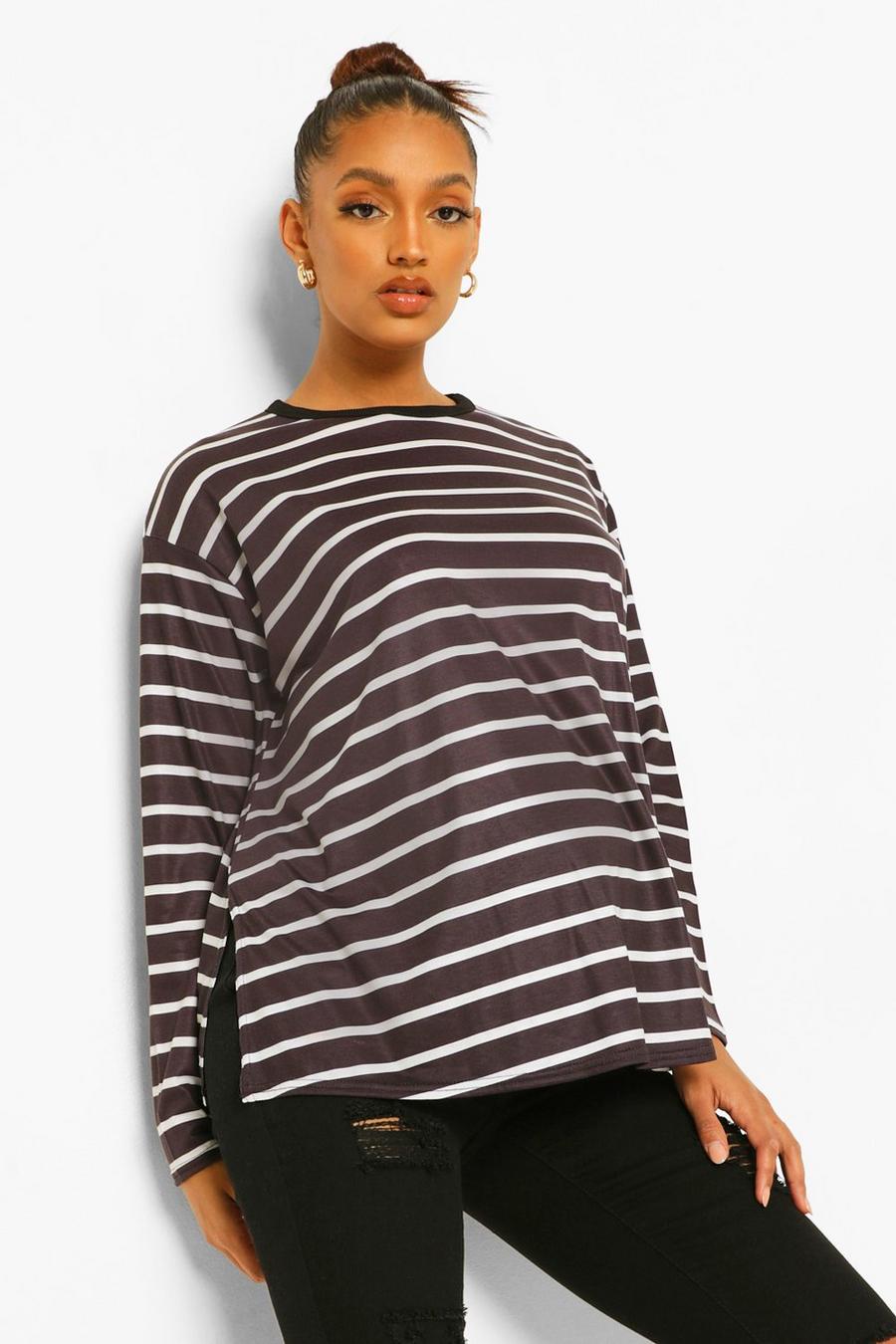 Black Maternity Stripe Side Split Long Sleeve T-shirt image number 1