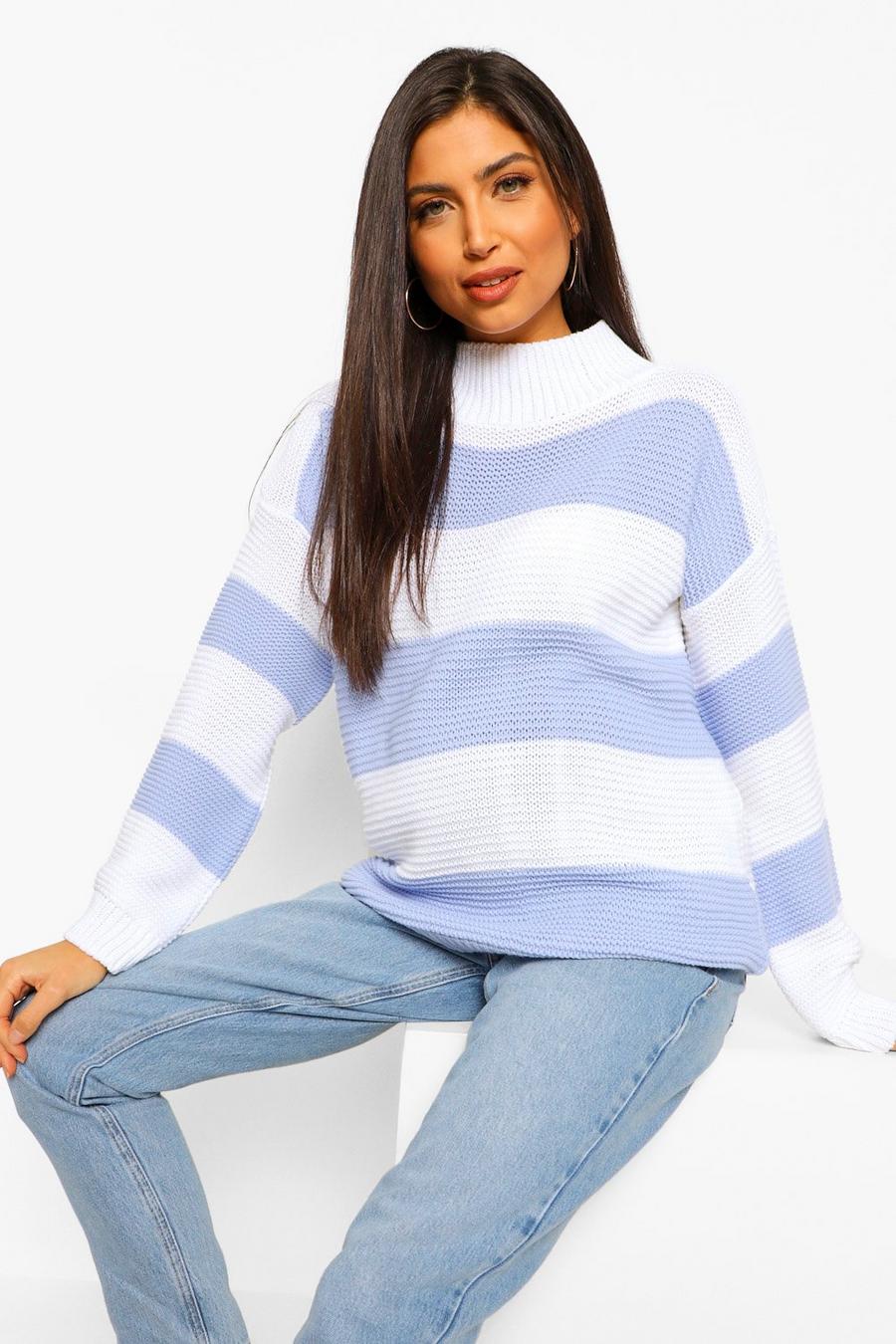 Pale blue Maternity High Neck Striped Sweater image number 1