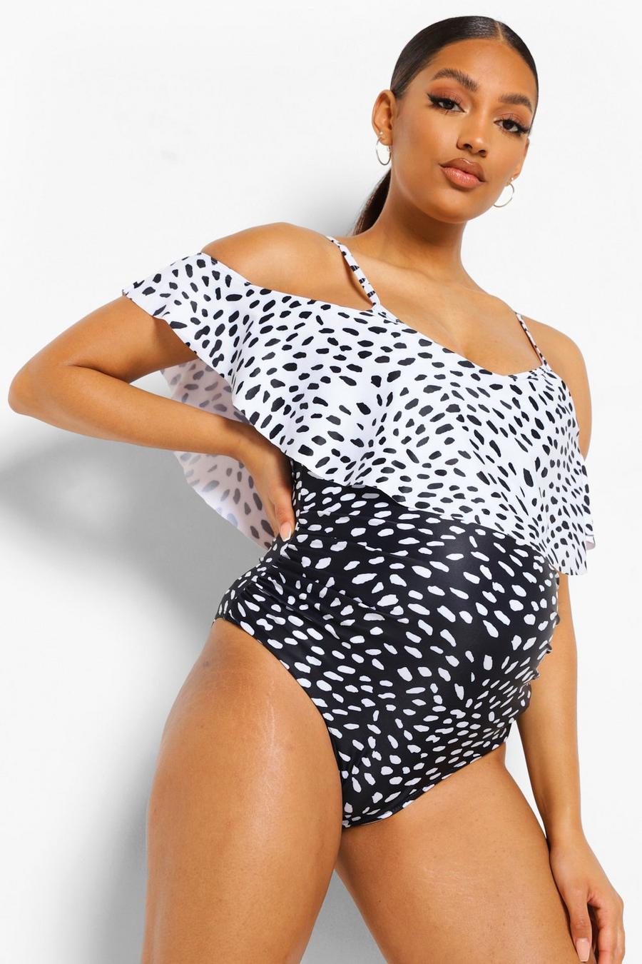 Black Maternity Mixed Spot Cold Shoulder Swimsuit image number 1
