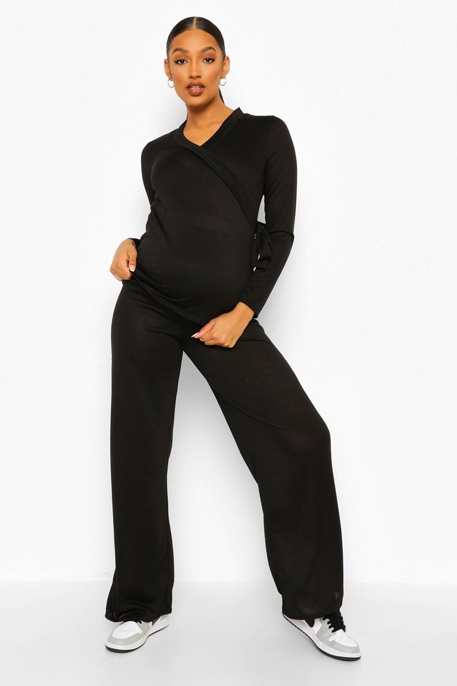 Black Maternity Tie Side Wide Leg Loungewear Set image number 1