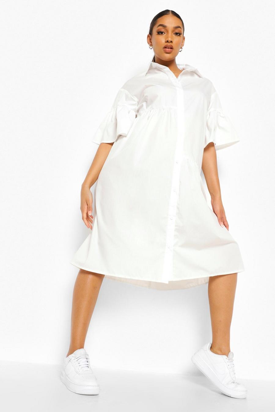 White Maternity Cotton Poplin Tier Midi Dress image number 1