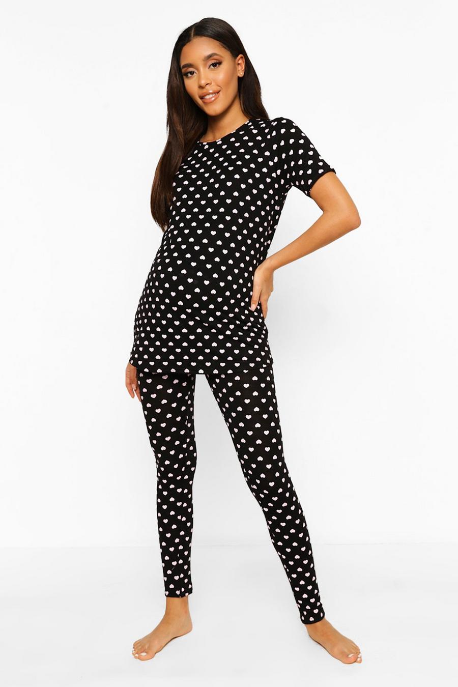 Black Maternity Heart Print Pyjama Set image number 1