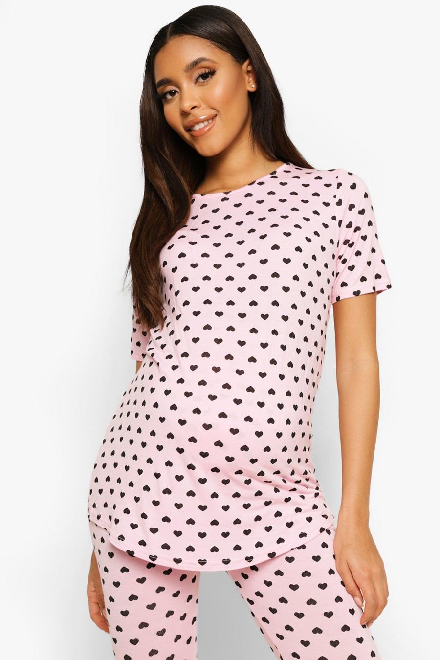 Pink Maternity Heart Print Pajama Set image number 1