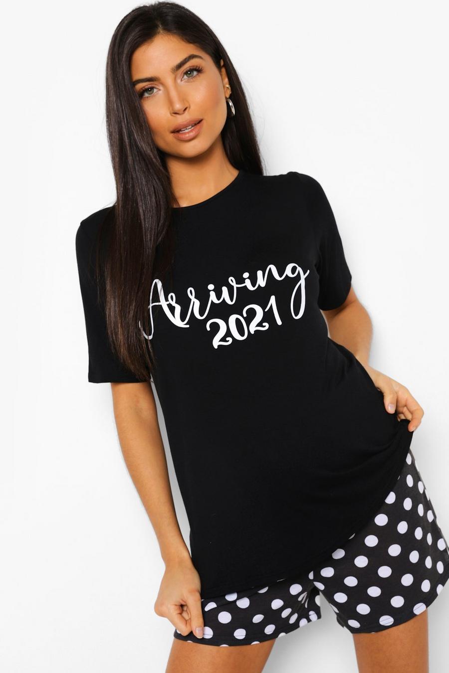 Zwart Zwangerschaps 'Arriving In 2021' Pyjama Set Met Shorts image number 1