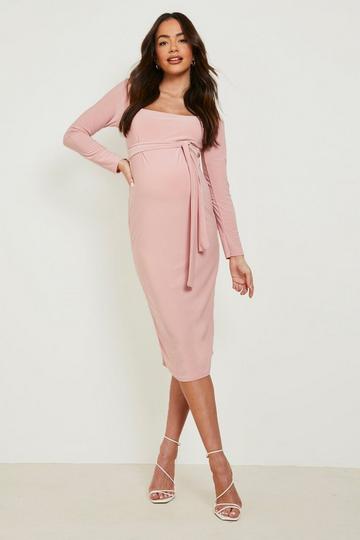 Pink Maternity Square Neck Long Sleeve Midi Dress